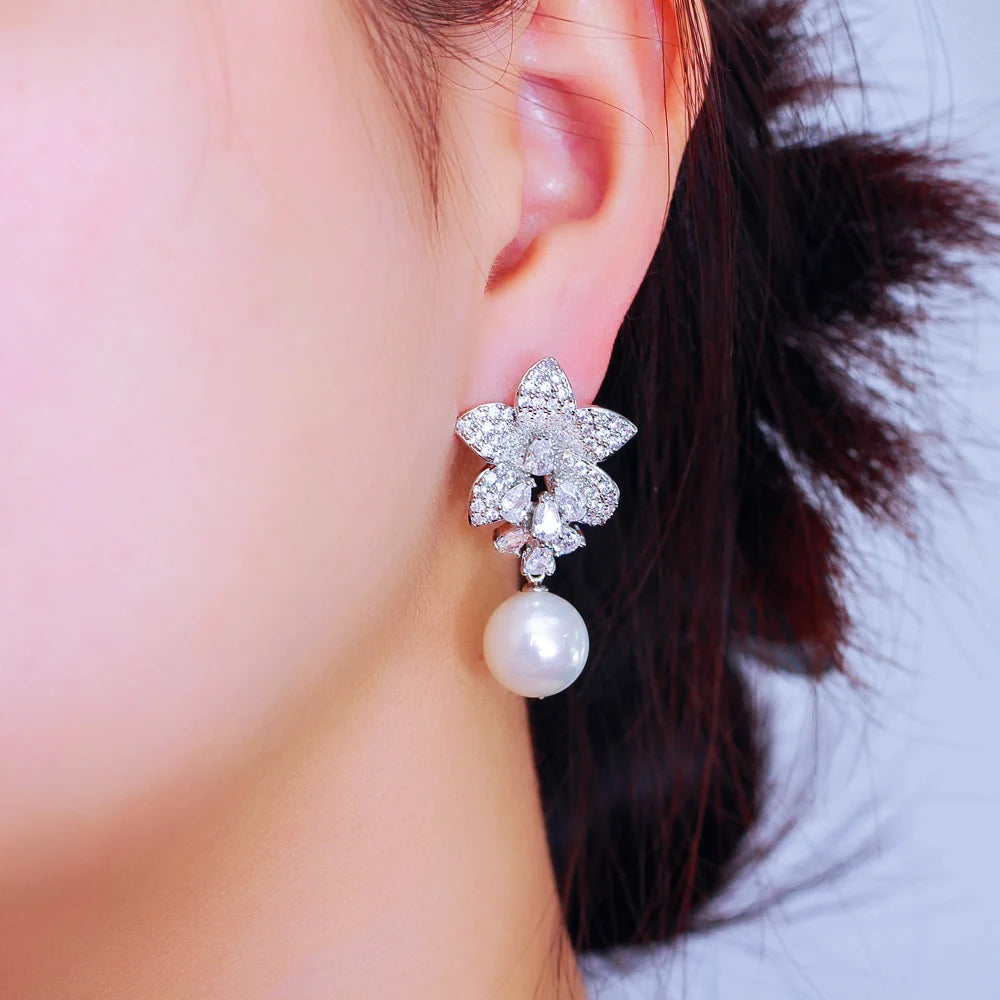 ThreeGraces Sparkling Cubic Zirconia Simulated Pearl Long Flower Dangle Earrings for Women Trendy Bridal Wedding Jewelry E1855