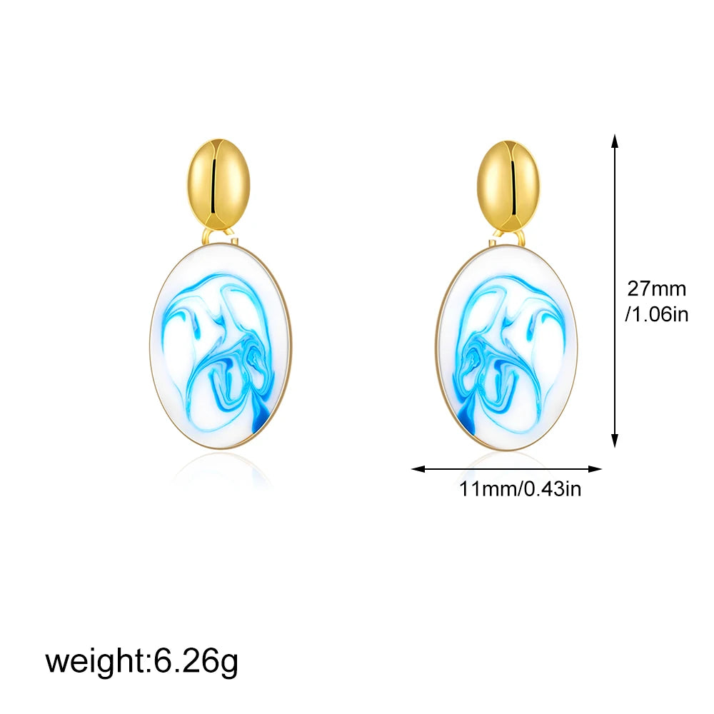 Blue White Porcelain Star Moon Oval Drop Earrings for Women Stainless Steel Gold Color Geometric Dangle Earrings Jewelry Gift