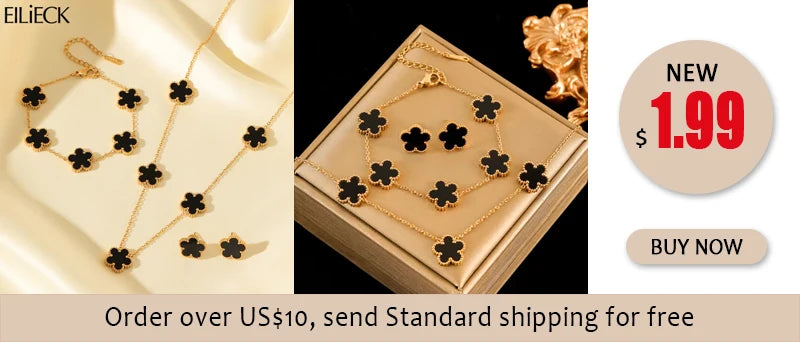 EILIECK New Fashion Stainless Steel Pink Zircon Clover Necklace Bracelet Earrings Set For Women Trendy Flower Jewelry Set Gift