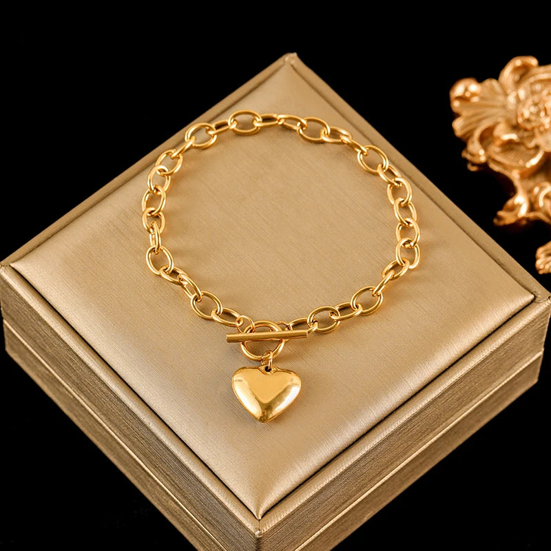 EILIECK 316L Stainless Steel Gold Color Heart Love Necklace Bracelets Set For Women New Trendy OT Buckle Waterproof Jewelry Set