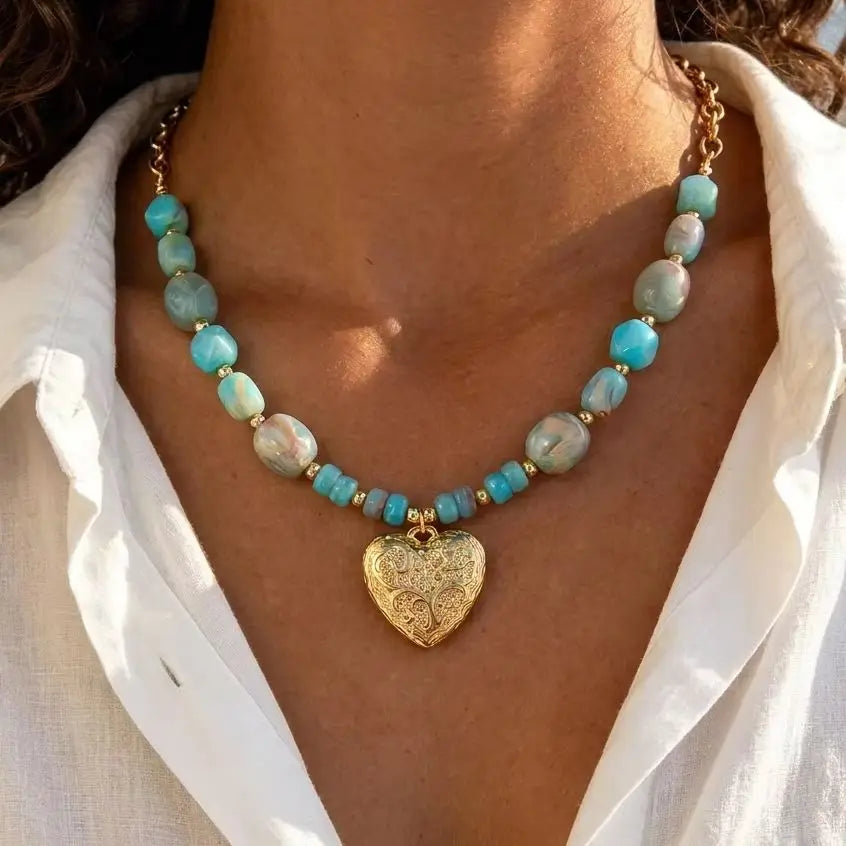 Colorful Irregular Resin Beaded Heart Pendant Necklace for Women Bohemia Brown Round Adjustable Choker Party Jewelry Gifts