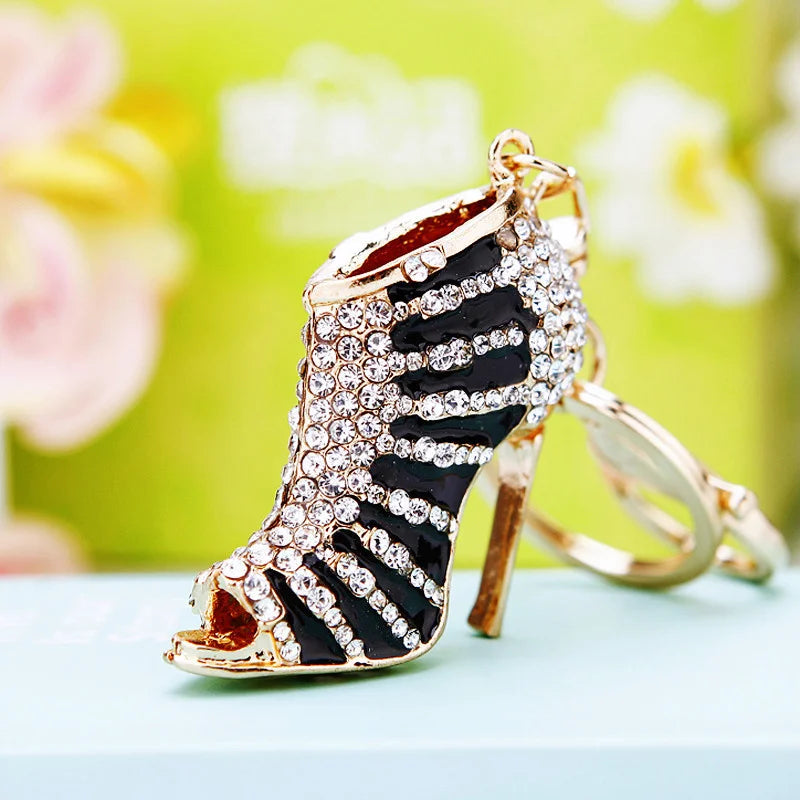 Creative Rhinestones Inlaid Goddess Fish Mouth High Heel Enamel Keychain Women Jewelry Bag Key Keyring