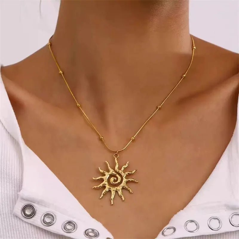 EILIECK 316L Stainless Steel Pearl Shell Starfish Sun Charm Necklace For Women Ocean Style Gold Plated Handmade Holiday Jewelry