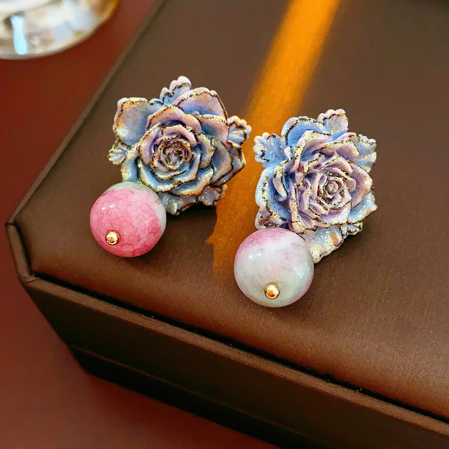 Rose Flower Glass Bead Earrings for Women 2025 Fashion French Retro Vintage Stud Earring High-end Luxury Designer Jewelry