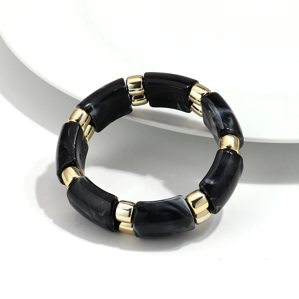 Vintage Acrylic Marbled Elastic Beads Bangle Bracelets for Women Fashion Golden CCB Round Beaded Cuff Bracelet Jewelry Gifts