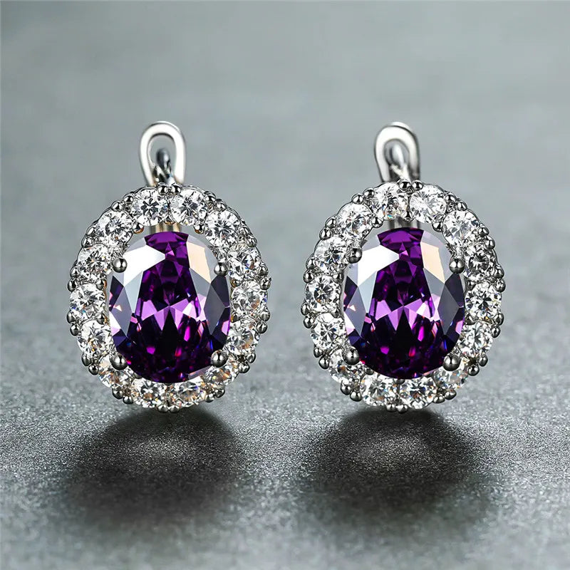 Luxury Crystal Purple Oval Stone Earrings Multicolor Zircon Small Hoop Earrings Classic Silver Color Wedding Earrings For Women