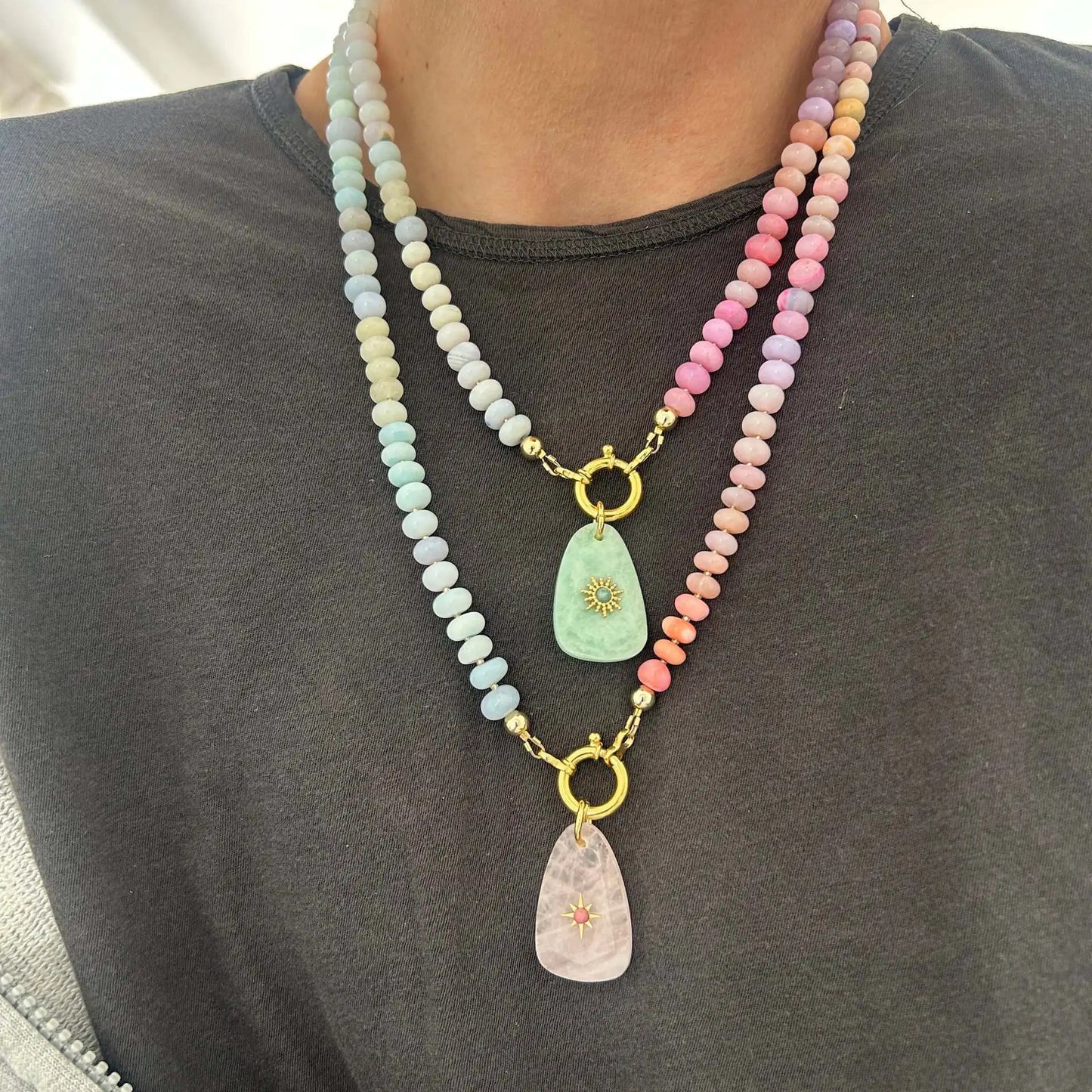 Colorful Natural Stone Beaded Pendant Necklace with Gold Color Star Boho Handmade Beads Choker Summer Beach Vacation Jewelry