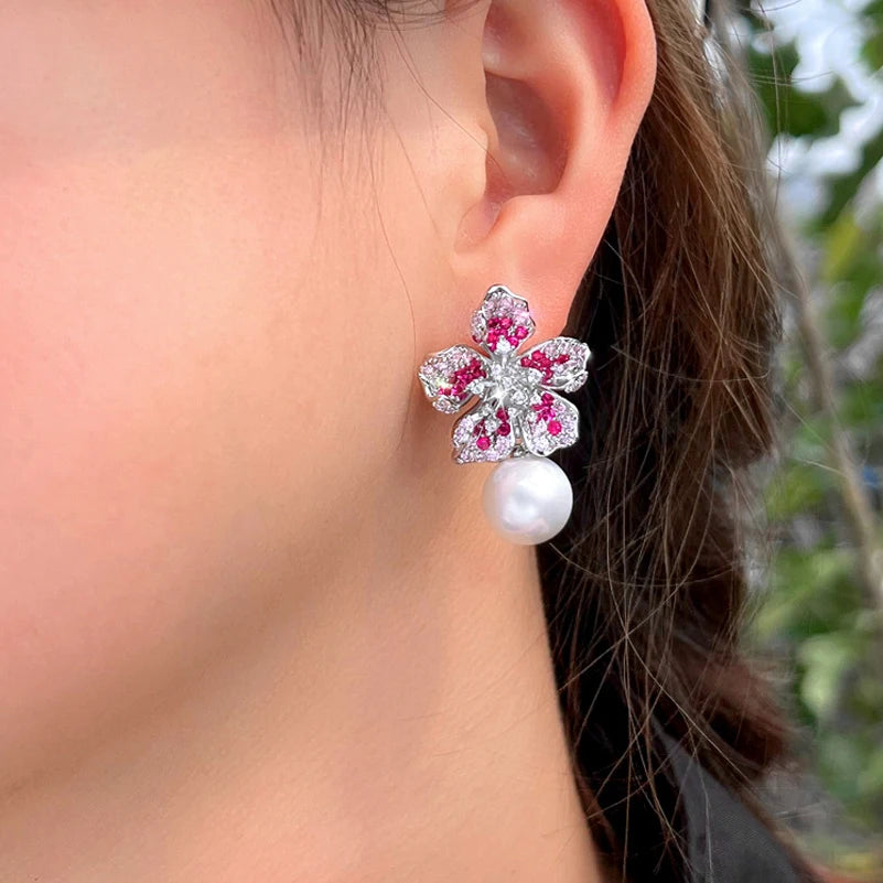 ThreeGraces Gorgeous Shiny Pink Zirconia Big Simulated Pearl Long Flower Dangle Earrings for Women Bridal Party Jewelry  E2005