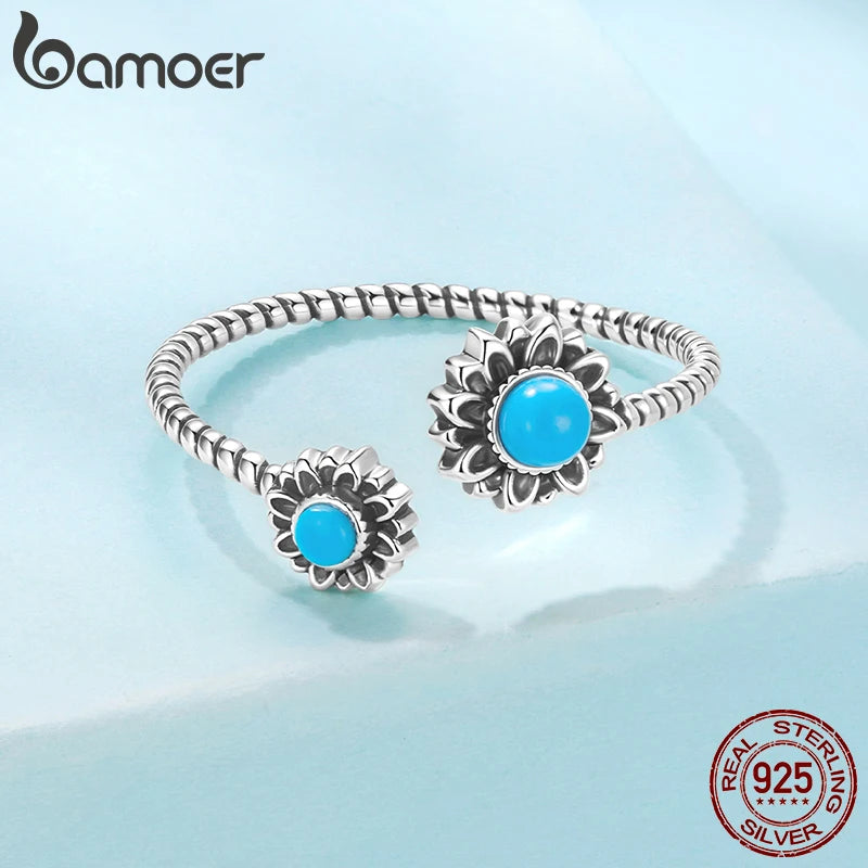 Bamoer 925 Sterling Silver Sunflower Turquoise Open Ring Adjustable Retro Oxidized Ring for Mother Birthday Gift Fine Jewelry