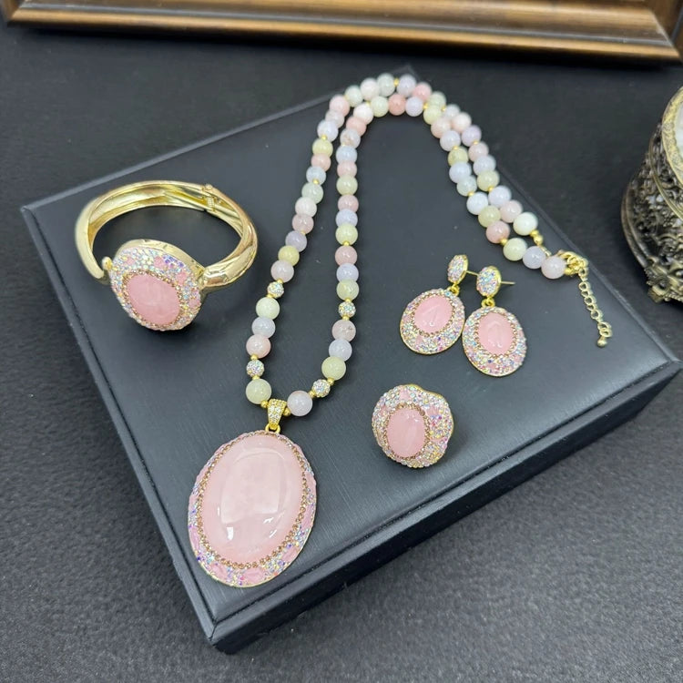 Trendy Natural Rose Quartz Crystal Tourmaline Stone Set Necklace Earring Party and Wedding Jewelry