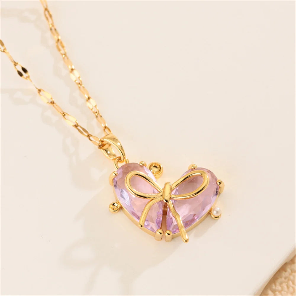 Cute Small Heart Love Bow Charm Female Pink Purple Zircon Fashion Pendant Necklace Gold Color Wedding Jewelry For Luxury Women