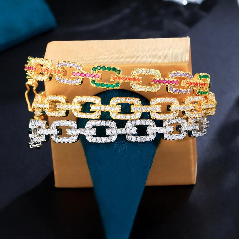 ThreeGraces Fashion Shiny Multicolor Cubic Zirconia Geometric Cuban Link Chain Cuff Bangle for Women Trendy Party Jewelry B077