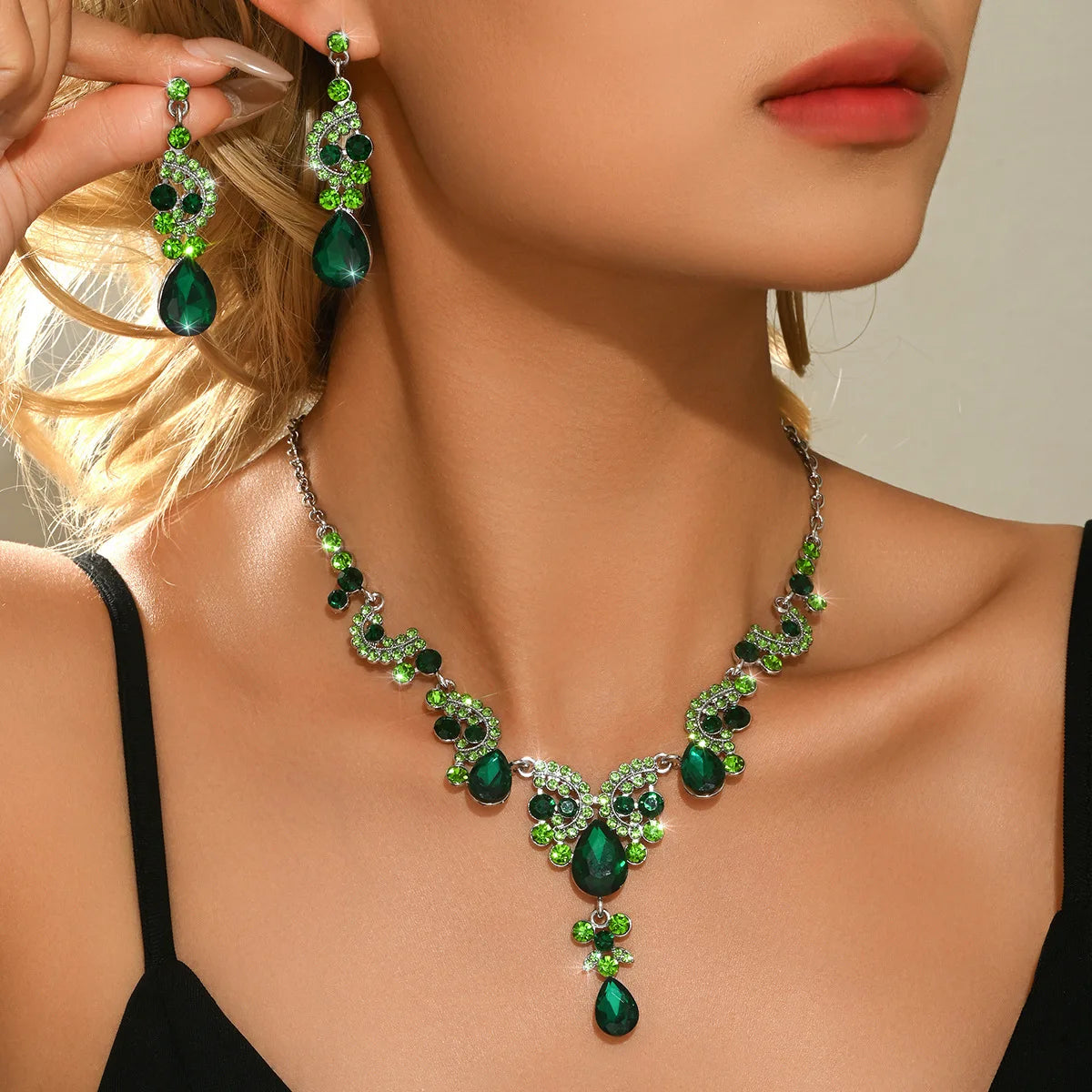 Women's Blue Geen Black Water Drop Earrings Necklace Set, Elegant Jewelry Gift for Women, Perfect for Parties & Daily Wear