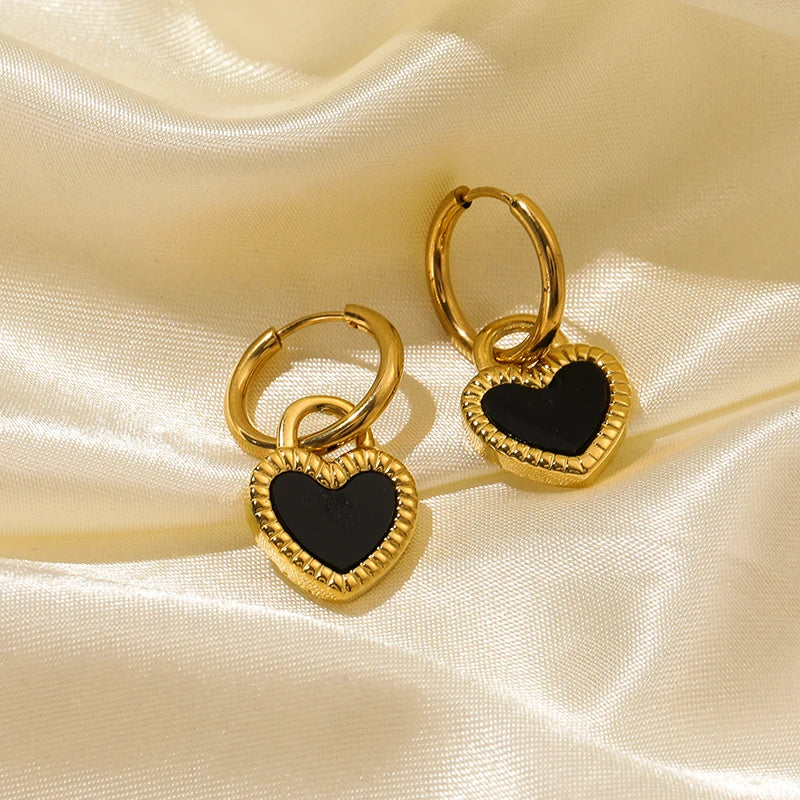 EILIECK 316L Stainless Steel Black White Double Heart Necklace Earrings Fashion Exquisite Waterproof Jewelry Set For Women Gift