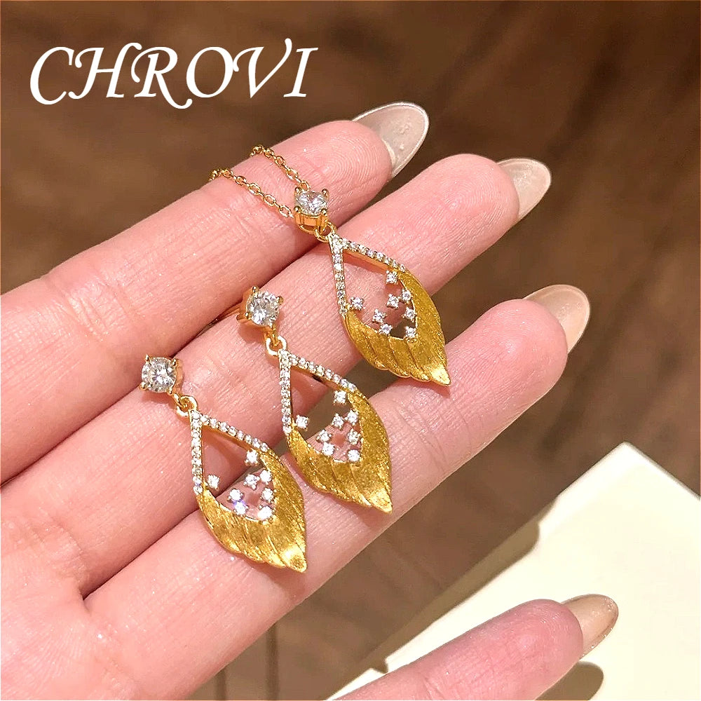Retro handmade golden feather pendant necklace, high-end sheen feather wings with diamond fringes, earrings, pendant for women