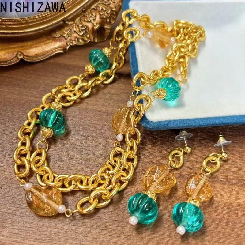 Women Necklaces Vintage Palace Style Glass Glaze Luxury Fashion Jewelry Dinner Party Exquisite Elegant Collares Para Mujer