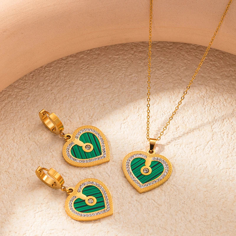 ANENJERY 316L Stainless Steel Double sided Heart Shiny Zircon Necklace Earrings For Women Niche Vintage Jewelry Gifts Wholesale