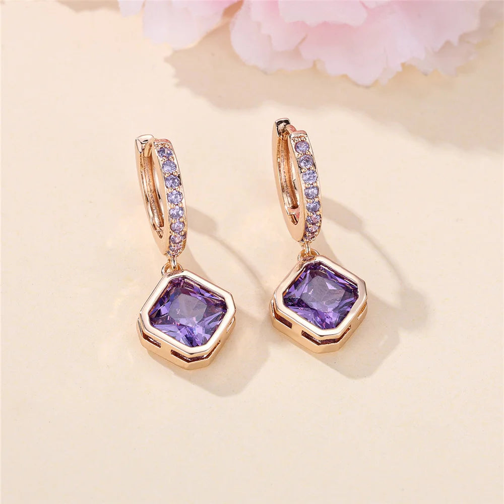 Dainty Female Purple Square Round Zircon Stone Hoop Earrings Cute Gold Color Girlfriend Gifts Wedding Jewelry For Women