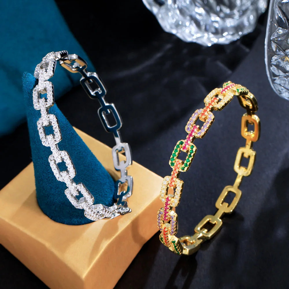 ThreeGraces Fashion Shiny Multicolor Cubic Zirconia Geometric Cuban Link Chain Cuff Bangle for Women Trendy Party Jewelry B077