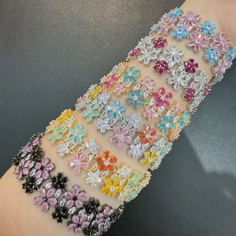 Luxury Cubic Zirconia Gemstone Bracelet Ring Earring Jewelry Set for Women Wedding Gift Colorful Stone Five Petal Flower Design