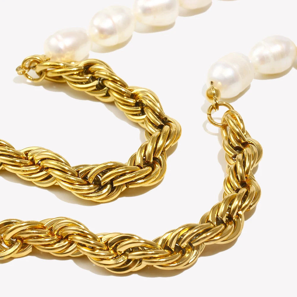 E.B.belle Bold Twisted Rope Chain Splicing with Freshwater Pearl Chunky Chain Necklace Jewelry On The Neck For Women