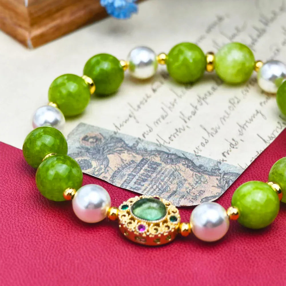 NEW Natural Green stone Beaded Pearl Bracelet for Women Golden Charm Boho Bracelet Wedding Party Daily Wear Jewelry Gift