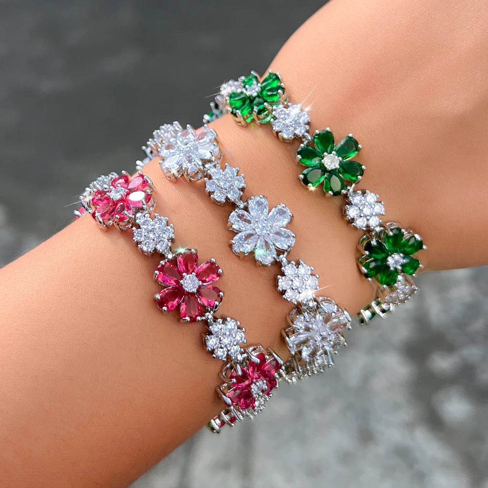 ThreeGraces Fashion Shiny Cubic Zirconia Blue Pink Flower Charms Designer Bridal Bracelet for Women Daily Party Jewelry B608