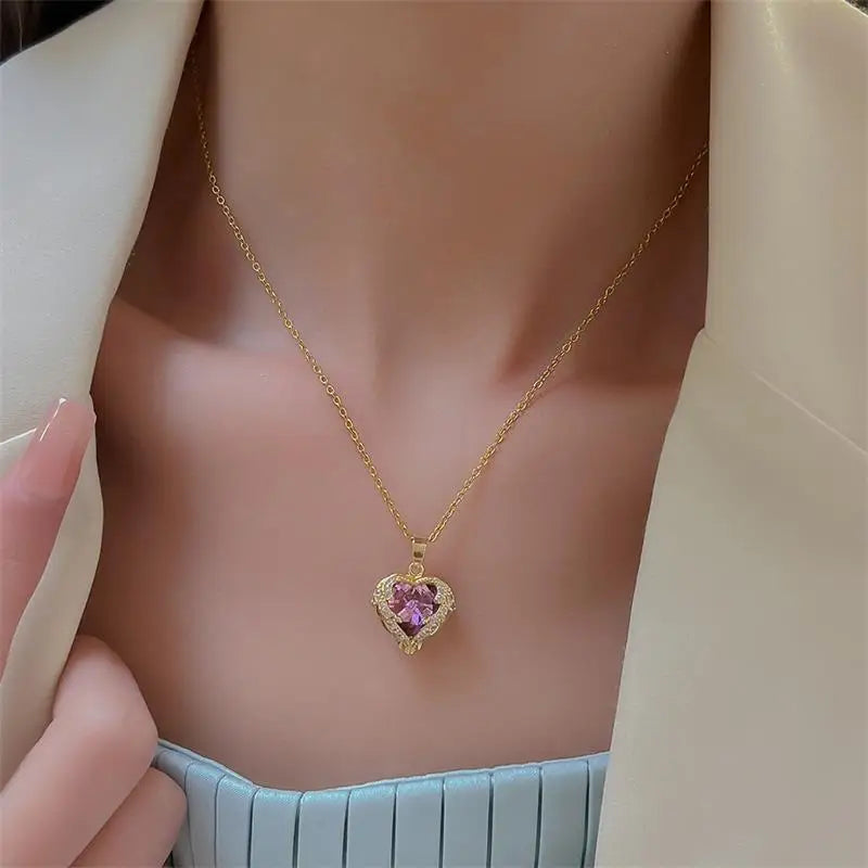 EILIECK 316L Stainless Steel Green Cubic Zircon Flower Pendant Necklace for Women Luxury Temperament Neck Chain Fashion Jewelry