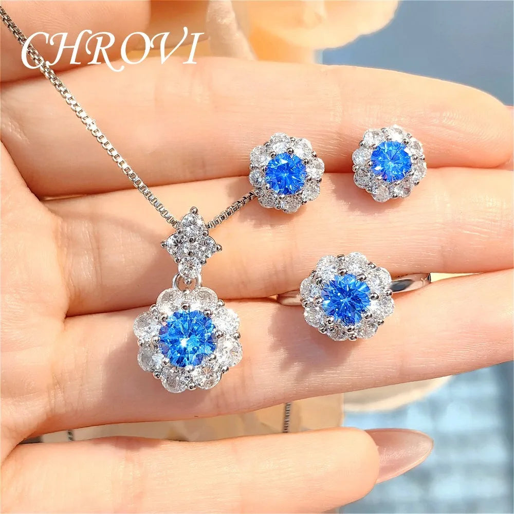 Fashion 925 Sterling Silver Light Luxury Colored Gemstone Set Pendant Ring Stud Earrings for Women Simple Everyday