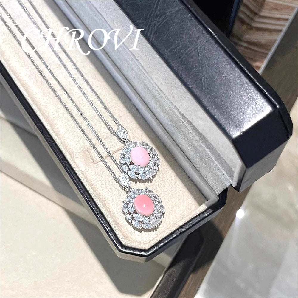 Premium 925 pure silver rouge powder conch shell necklace set, luxury earrings, high-carat diamond ring, women's accessory