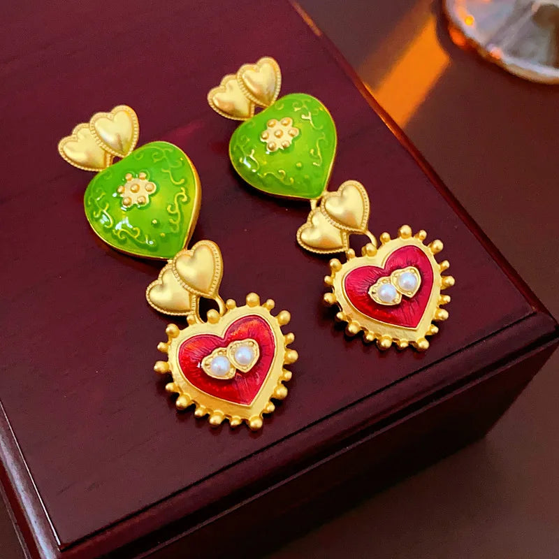 Vintage Bracelet Earrings Set for Women Drip Oil Love Flower Drop Earrings Light Luxury Jewelry Sets Wedding Party Gift