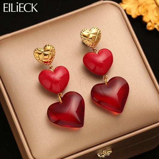 EILIECK 1pair New Stainless Steel Elegant Red Heart-Shaped Pendant Earrings For Women Fashion Ear Stud Waterproof Jewelry Gift