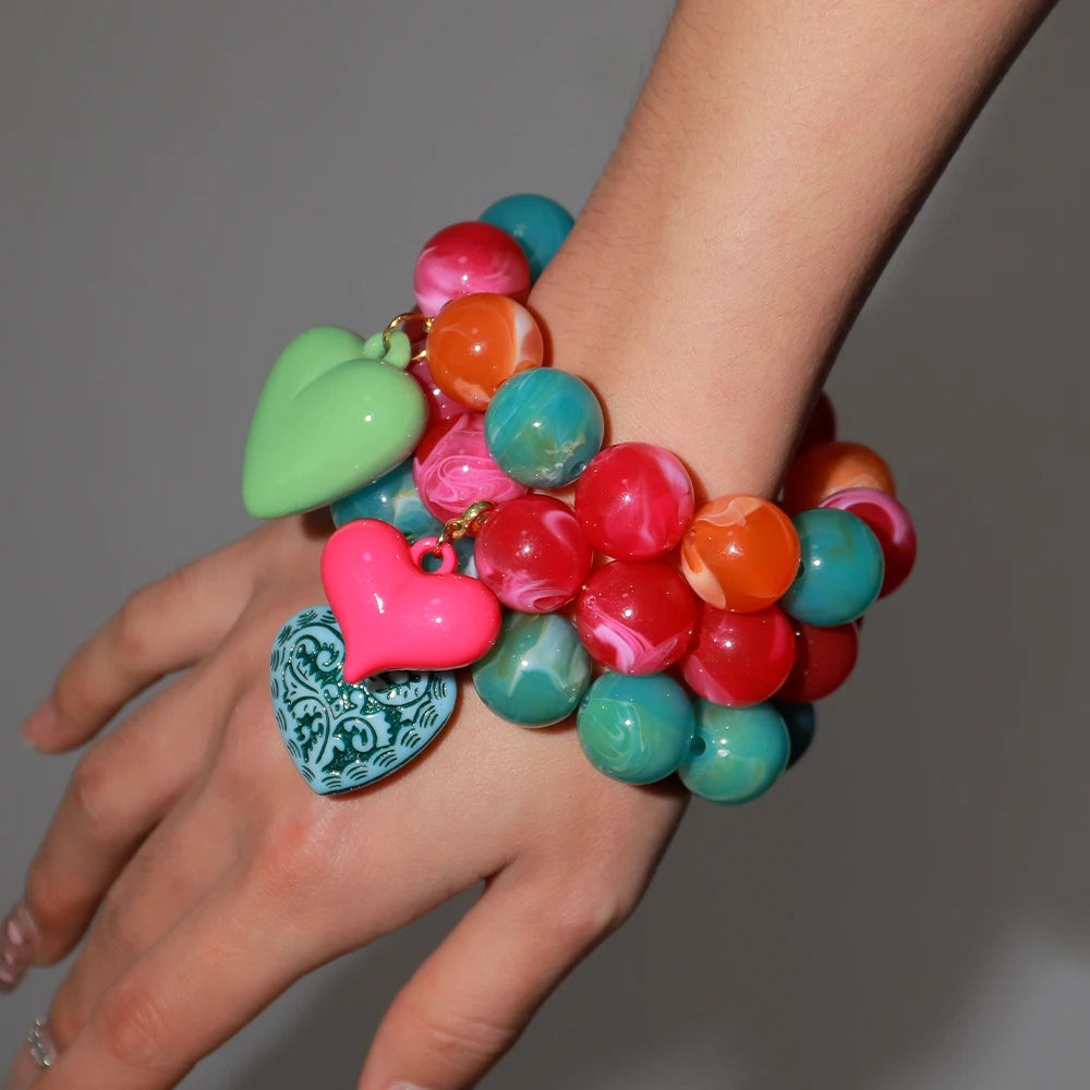 Boho Colorful Round Beads Heart Pendant Elastic Bracelets Fashion Geometric Beaded Bangle Bracelet Women Jewelry Gifts