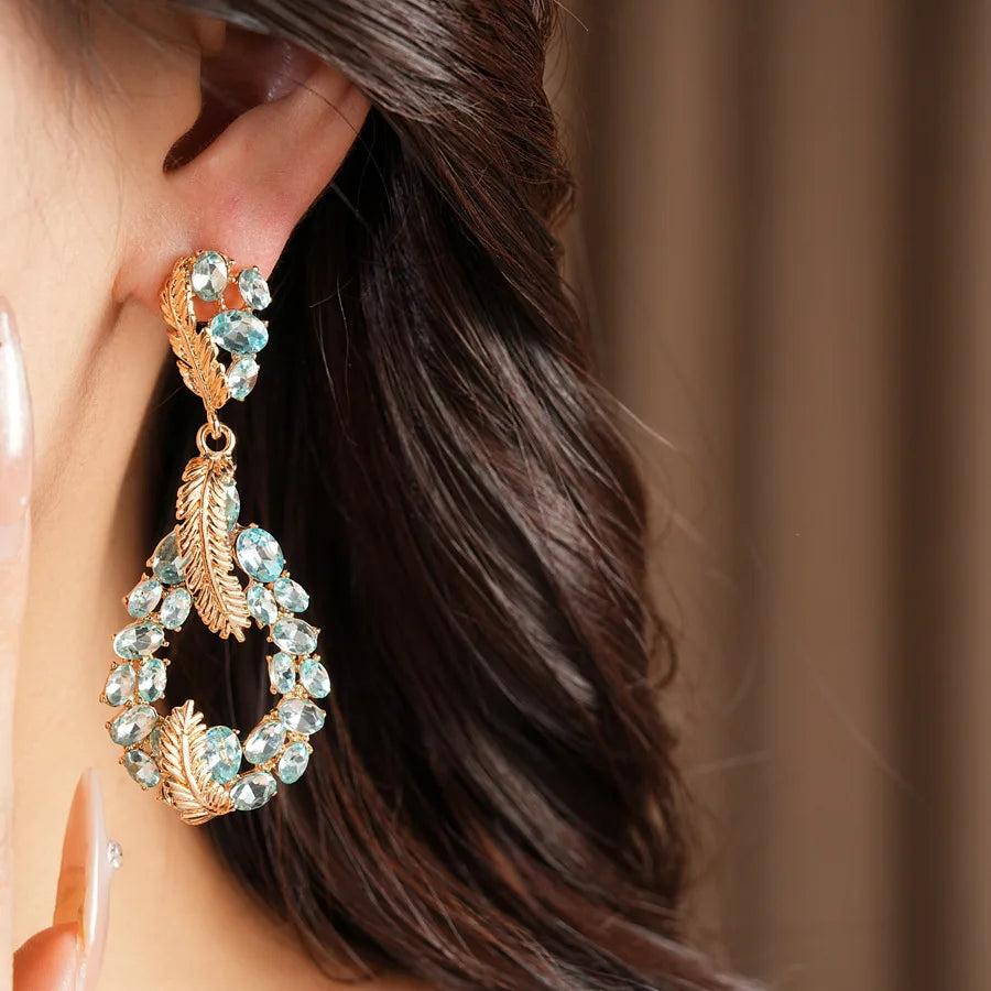 Vintage Rhinestone Inlaid Feather Drop Earrings Retro Style Light Luxury High Grade Elegant Exquisite Stud Ear Jewelry For Women