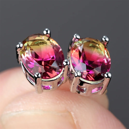 Trendy Blue Green Zircon Rainbow Oval Stone Small Stud Earrings Vintage Rose Gold Silver Color Earring Wedding Jewelry For Women