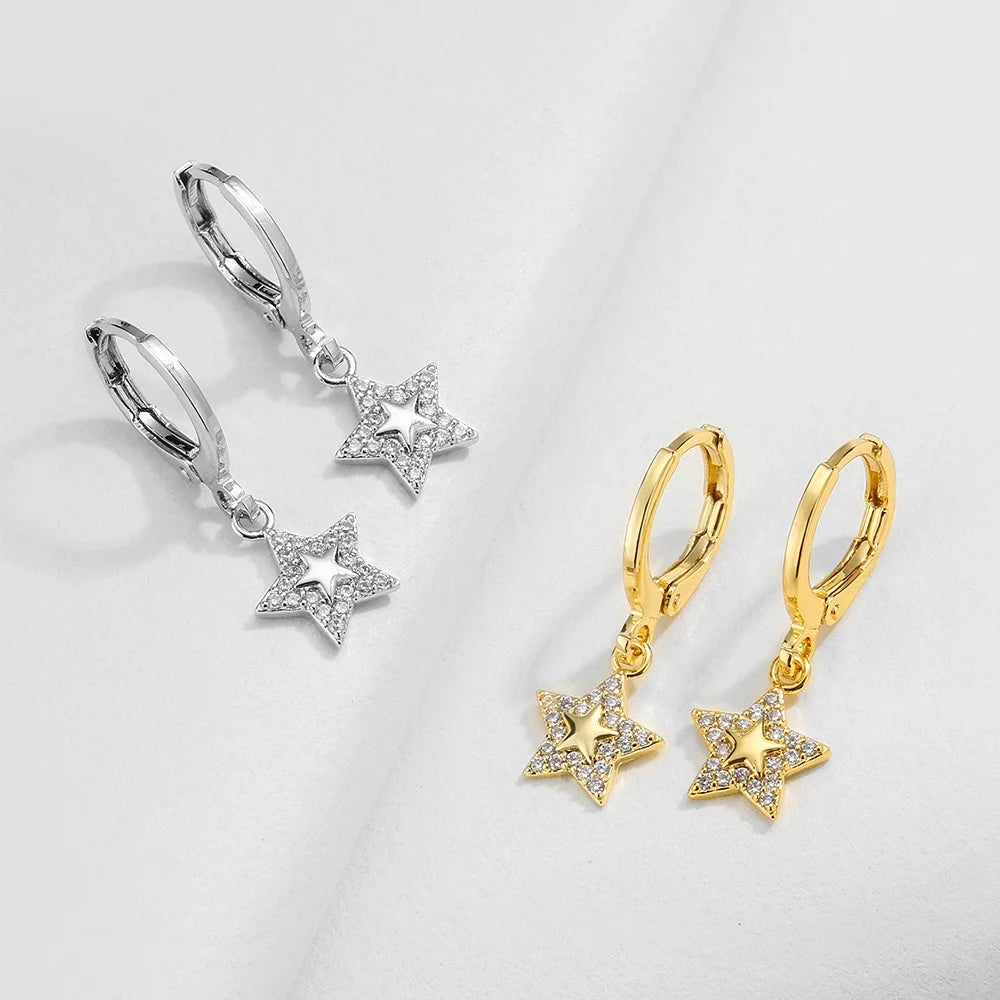 Small Star White Zircon Stone Trendy Hoop Earrings Charm Cute Female Silver Gold Color Wedding Jewelry For Women