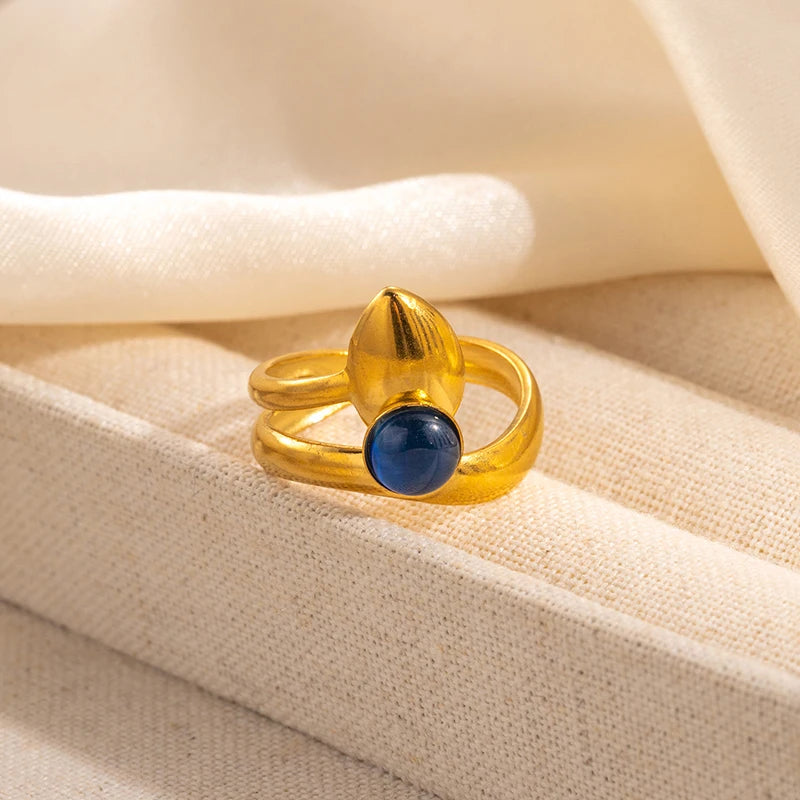 ANENJERY 316L Stainless Steel Colorful Stone Water Droplets Open Ring for Women Personality Niche Jewelry Niche Gifts Wholesale