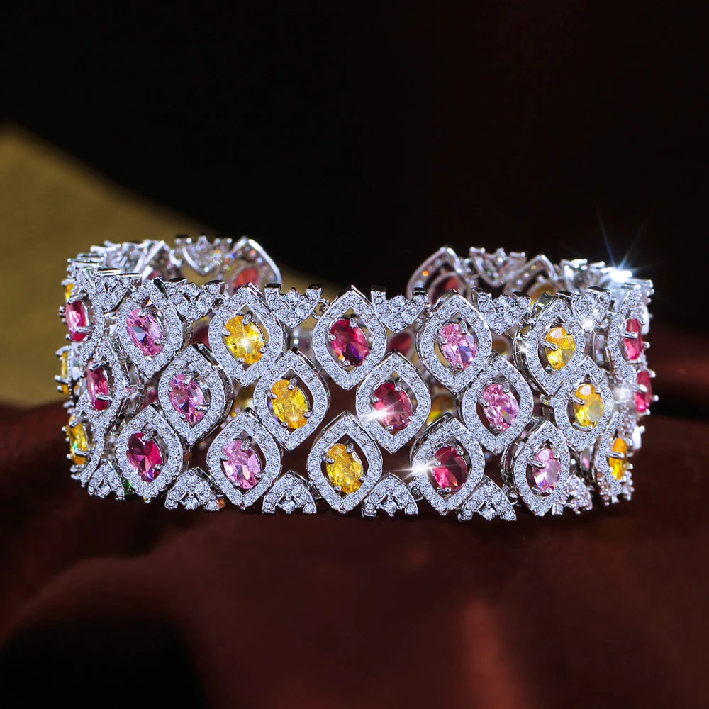 ThreeGraces Luxury Brilliant Multicolor Zirconia Big Wide Bridal Wedding Party Tennis Chain Link Bracelet Jewelry for Women B604