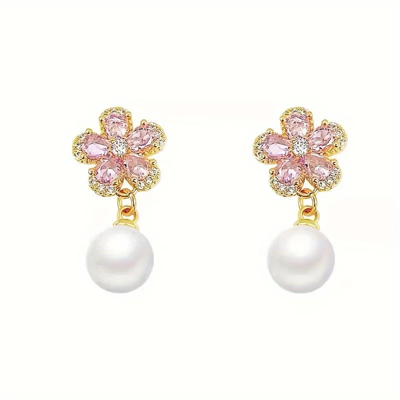 New Design Sweet Rhinestone Flower Stud Earrings For Women Elegant Imitation Pearl Crystal Zircon Earring Korean Party Jewelry