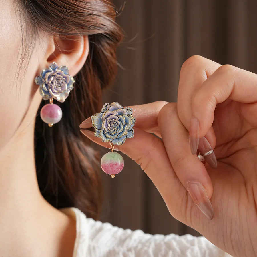 Rose Flower Glass Bead Earrings for Women 2025 Fashion French Retro Vintage Stud Earring High-end Luxury Designer Jewelry