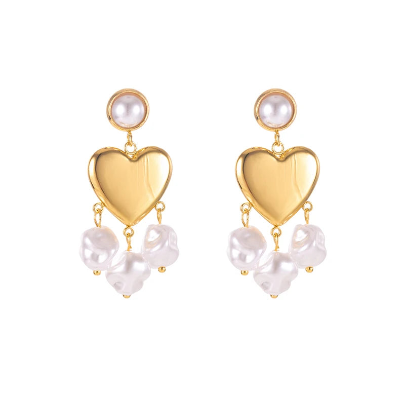 ANENJERY 316L Stainless Steel Imitation Pearls Hollow Heart Stud Earrings For Women French Vintage Luxury Niche Jewelry Gift