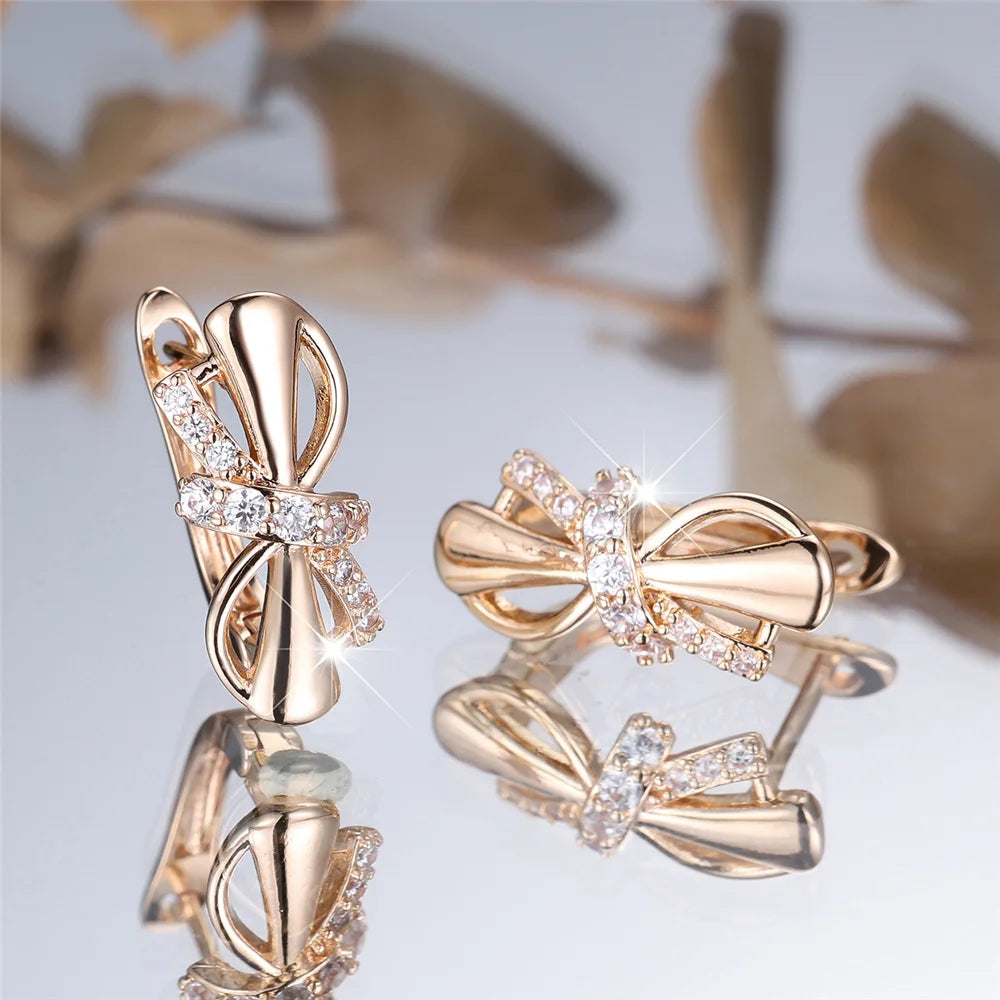 Charm Female White Crystal Zircon Stone Cute Bowknot Hoop Earrings Gold Color Simple Wedding Jewelry For Women