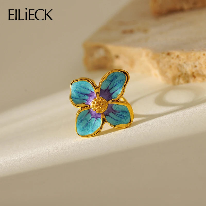 EILIECK 316L Stainless Steel Blue-purple Flowers Open Ring for Women Stylish Design Water Resistant Metal Finger Rings Jewelry