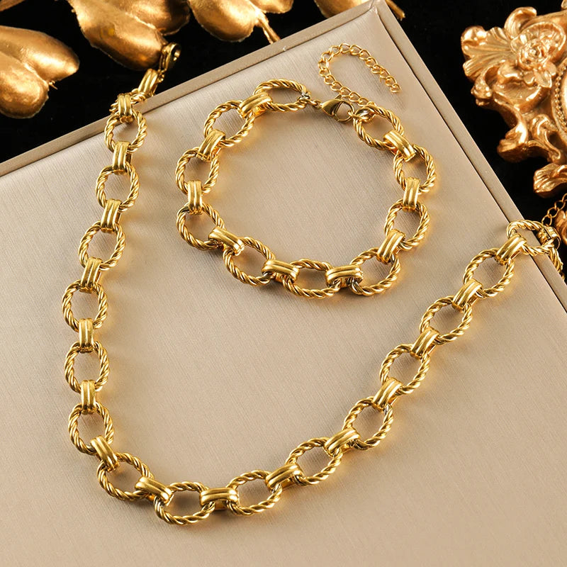EILIECK 316L Stainless Steel Metal Gold Color Oval Link Chain Necklace Bracelet Set For Women Fashion Punk Waterproof Jewelry