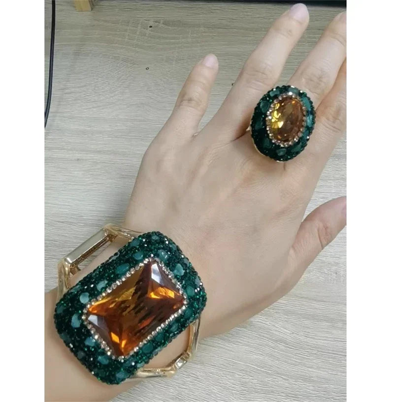 Round Colored Change Sultanite Crystal Bangle Rings Sets for Women Necklace Earring Rings Golden Green Zultanite Quartz Jewelry