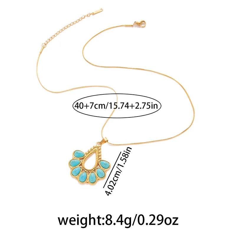 ANENJERY 316L Stainless Steel Turquoise Irregular Geometry Pendant Necklace For Women Boho Retro Personality Jewelry Gifts