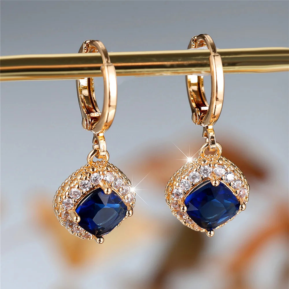 Cute Female Blue Zircon Stone Square Hoop Earrings Fashion Female Gold Color Wedding Jewelry For Women