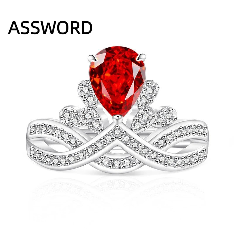 925 Sterling Silver Crown Teardrop Ice Flower Cut Cubic Zirconia Ring Twisted Split Shank Wedding Jewelry Gift for Women