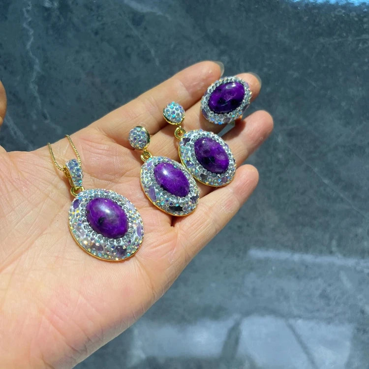 Oval Purple Agate Stone Jewelry Set for Women Handmade Amethyst Rhinestone Turkish Crystal Quartz Jewelry for Wedding Party Gift