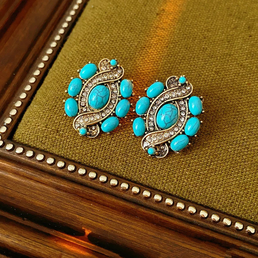 1/2 Pcs Vintage Cross Blue Oval Pendant Neckalces Women Mediaeval High-End Dangle Earrings Statement Banquet Jewelry Sets N